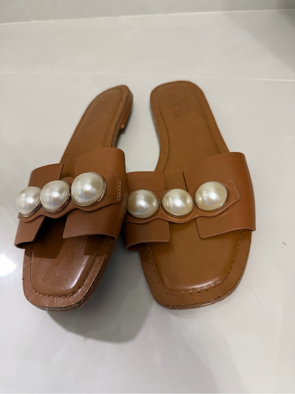Zara Brown Slide Sandals with Pearl Accents